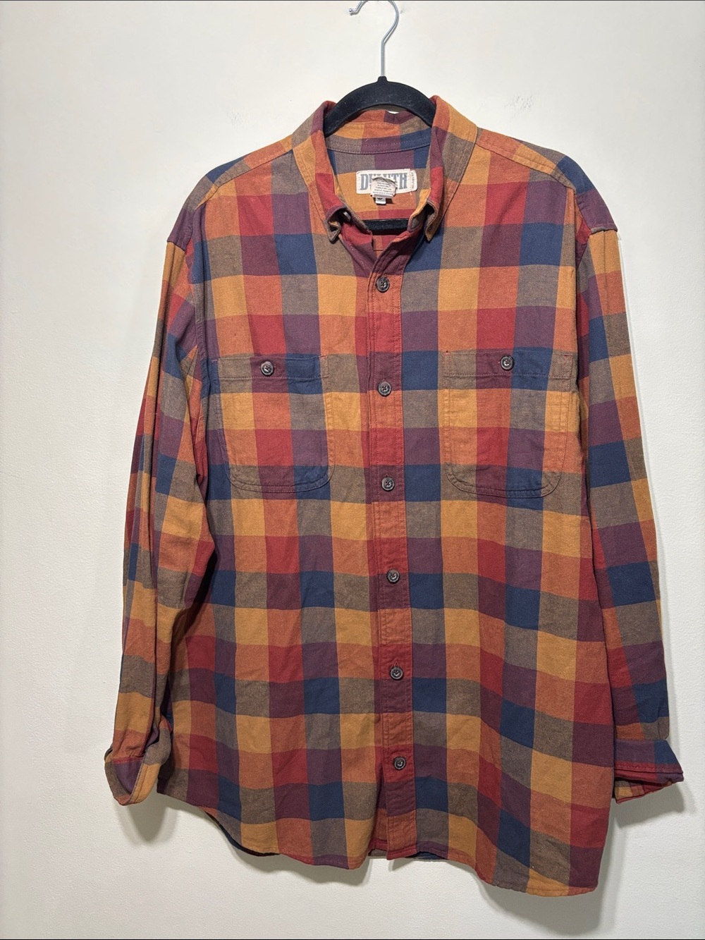 Duluth Trading Co Plaid Button-Down Shirt - Red, Mustard, Navy